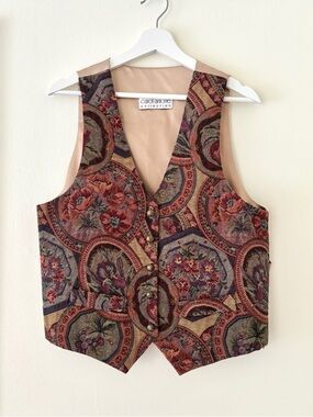 Vintage floral tapestry and light taupe satin vest